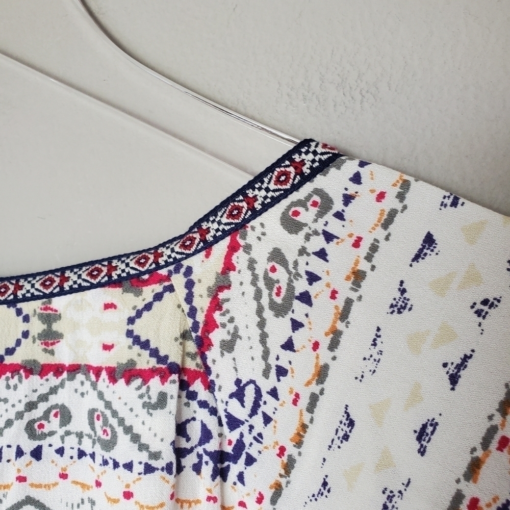Anthropologie Cream Boho Printed Shift Dress with Pink & Blue Accents - Picture 9 of 13